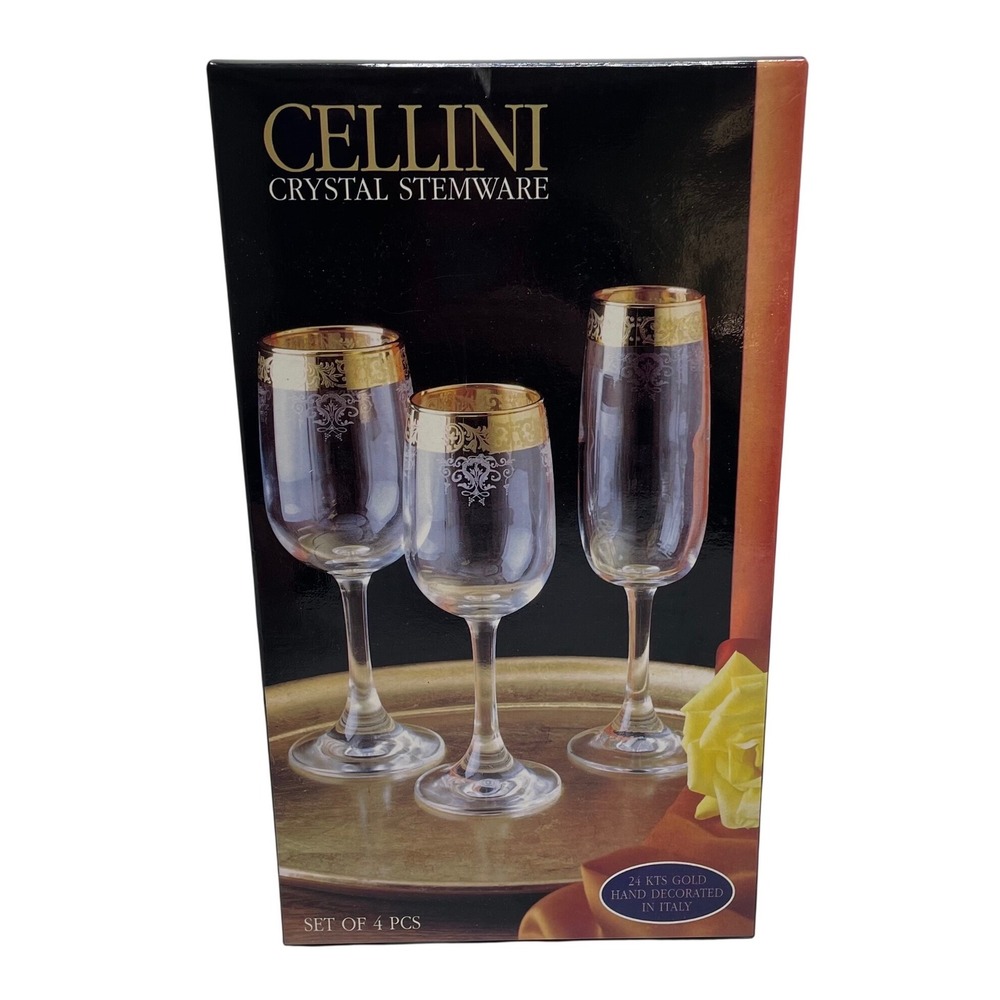 New Cellini Crystal Stemware Set 4 Wine Glasse 24K Gold Italy 7.5in Wedding Gift